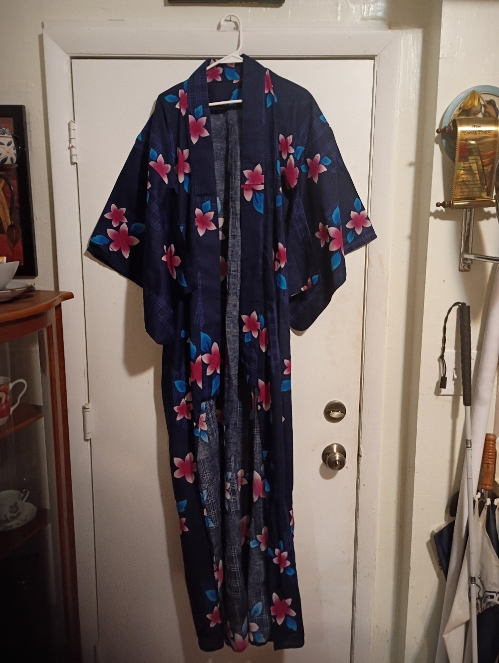 Navy Floral Kimono Robe with Pink & Blue Flowers